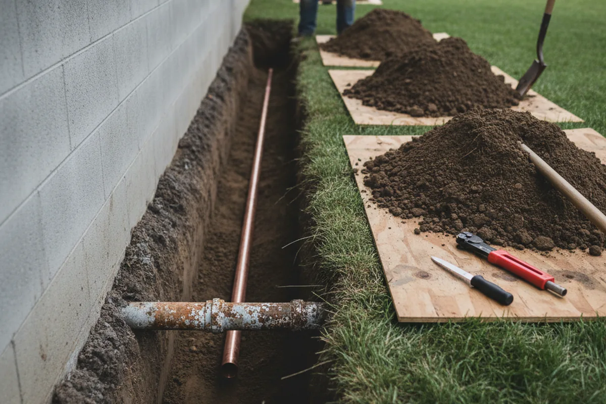 Excavated water line trench during Water Heater Repair in Arock